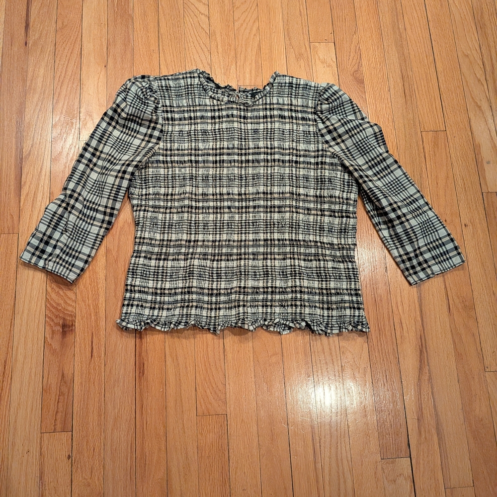 Smocked Plaid Women's Top - Black, Cream, Beige